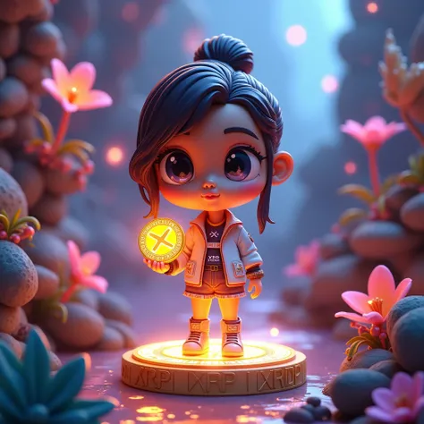 Create a luxury, fascinating, adorable collectible cartoon figurine with a futuristic and stylized aesthetic. The figurine represents a female hIGHLIGHT-HAIRED real-life character from historical, modern, or futuristic contexts, capturing individuality and...