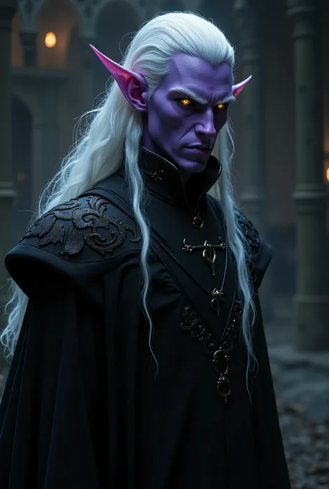 Male night elf with pale purple skin with one badly damaged ear and another healthy, straight and long white hair with dark black garments and deep yellow eyes, low physical build but very agile and lean 