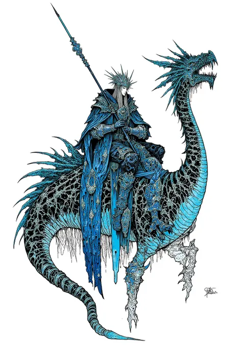  Dragon Knight on the back of a dragon, Black Iron Blue Decorated Helmet /Hand guard/Body Armor Foot Armor / Cloak made of dragon skin ,Long Spear,RPG Character Art  ,  highly detailed character design  ,  dark fantasy style  ,    RPG character concept art...