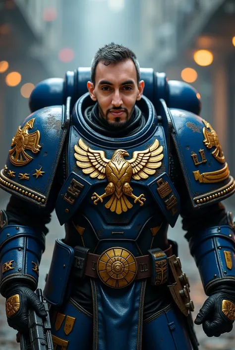 Warhammer 40k, A black short hair man, Ultra Marine (blue combat armor golden double eagle on chest, many decorations of valor, face is hard with many scars) stands at attention regarding viewer with disdain his bolter is slung on his back holstered. on a ...