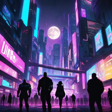  A street full of neon lights on a dark night city background.  A full moon in the sky,  Three silhouettes of people standing in the foreground. In the center is an elegant woman,  A man with sharp eyes on the left,  A muscular, large man on the right.  In...