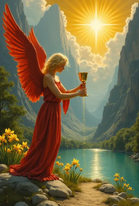 Painting in the (((style of Maxfield Parrish))). An angel with red wings and golden hair faces the viewer, standing by a pool of water. The angel holds a golden goblet in each hand. One goblet is held high and tilted. The other goblet is held low and verti...