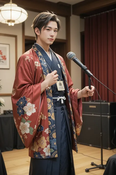 A young man dressed in a traditional Japanese kimono stands in the center of a large, ornate classical concert hall. He holds a microphone and sings passionately with a heartfelt expression. The classical concert hall is decorated with elaborate woodwork, ...