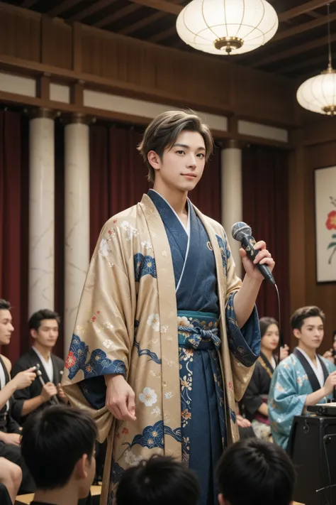 A young man dressed in a traditional Japanese kimono stands in the center of a large, ornate classical concert hall. He holds a microphone and sings passionately with a heartfelt expression. The classical concert hall is decorated with elaborate woodwork, ...