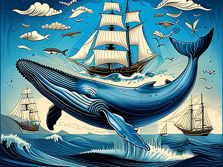 The movie poster shows a beautiful blue whale with a blue back and white stomach floating in mid-air. Its back holds a beautiful A vintage clipart of an old sailing ship with billowing sails