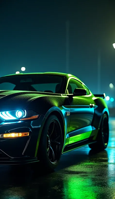 A Ford Mustang powered by an Aston Martin DBS,   hyperrealistic, at midnight,  in great detail ,   color black,  lime green car   ,    blue night lights   ,   with green rays and cracks on the doors and on the hood of the car.