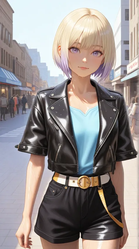 Young woman with light blonde bob haircut, anime-style, stands on city street.  Light-skinned, seemingly  to early twenties.  Wearing a wet-look, glossy black faux leather jacket, open over a white, form-fitting short-sleeved top that exposes her chest.  M...