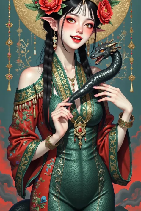 A woman dressed in black holds a black dragon, Dragon Girl, the Dragon Girl portrait,  beautiful art illustration, Rob Rey and Kentarı Miura Style ,  Alena Anami and Atgham, Beautiful digital illustrations , Ocean Queen Mu Yanling  , Portrait of a black me...