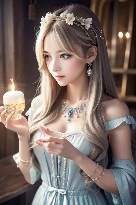  One Girl ,  long hair, Light Hair Color,  enchanting eyes,  Mysterious Expressions , Mature Appearance, Attractive dress,  Relaxed Dress, Graceful Jewels , Intricate decoration, Magic symbols, Glowing Accessories,  potion , Scroll, Cute accent, bow, ribbo...