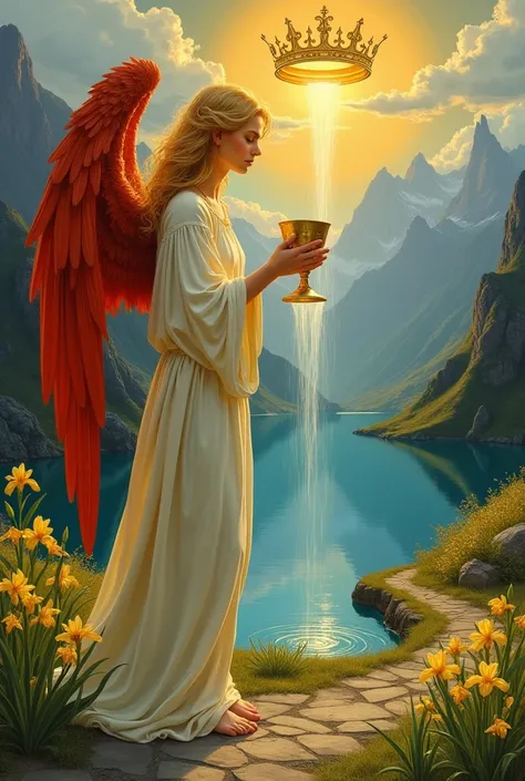 Painting in the (((style of Maxfield Parrish))). An angel with red wings and golden hair (((faces the viewer))), standing by a pool of water. The angel holds the left hand shoulder high with a titled golden goblet in the left hand. The angel holds the righ...