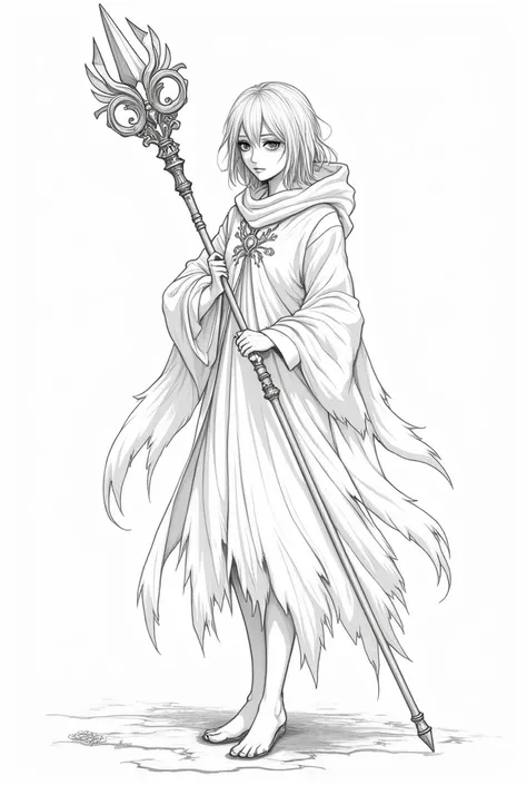 A coloring book styled image of an anime mage with whispy cloaks that are torn and battered holding a staff that pointy 