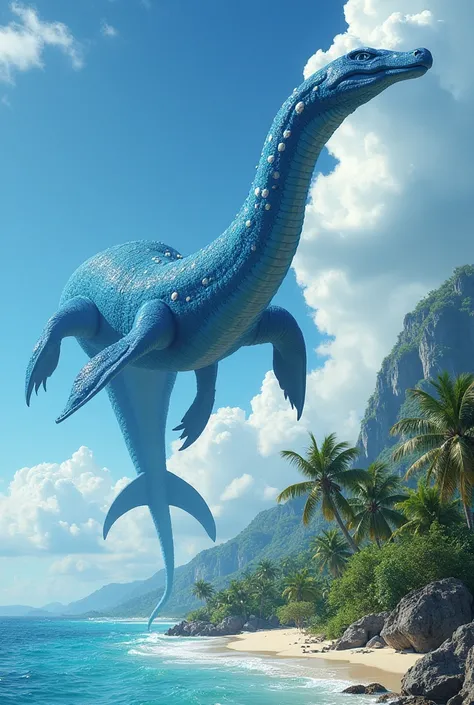 make a photo of giant blue plesiosaurus loch ness sea monster with long neck and white spots flying in the sky in island