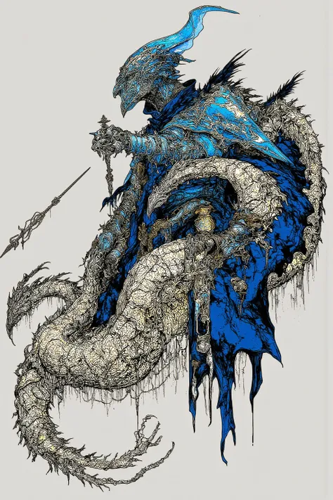  Dragon Knight on the back of a dragon, Black Iron Blue Decorated Helmet /Hand guard/Body Armor Foot Armor / Cloak made of dragon skin ,Long Spear,RPG Character Art  ,  highly detailed character design  ,  dark fantasy style  ,    RPG character concept art...