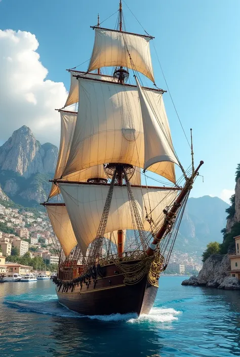 (Masterpeace, high quality, realistic photo, photography), a tall ship in monaco