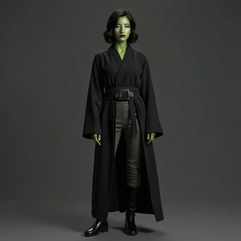 Use this image and create a woman  ((realista 4k)) with greenish skin .  Jedi tunics with short shoulder-length hair and black in color.  She wears black Jedi robes. He wears dark gray pants.  He wears black boots .  she's standing. dark grey background.