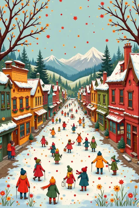 Spring snow day, button snow, colourful woodblock prints, colourful traditional western street, lingering snow on distant mountains, wide street, people mingling, best image quality.