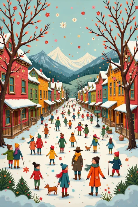 Spring snow day, button snow, colourful woodblock prints, colourful traditional western street, lingering snow on distant mountains, wide street, people mingling, best image quality.