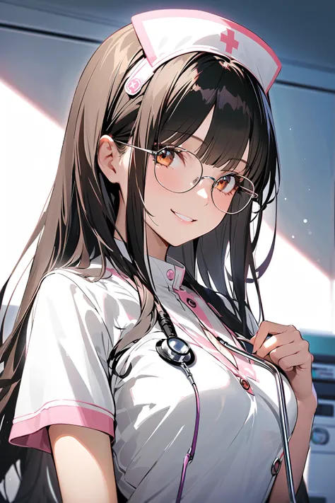 1 girl, (cute face), long hair, (wearing a white nurse uniform), (glasses), (white mask), medium breasts, slim, (charming expression), (holding a stethoscope), 
BREAK 
hospital room, medical equipment, (standing confidently:1.2), bright lighting, (smiling:...