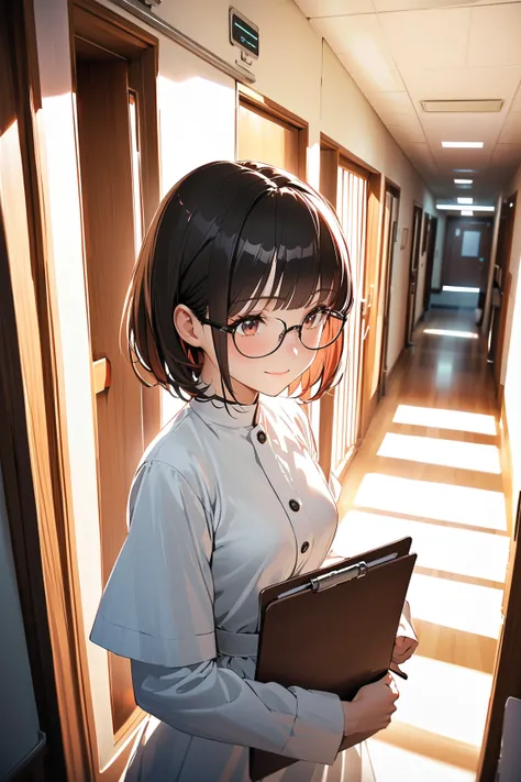 1 girl, (cute face), short hair, (wearing a white nurse dress), (glasses), (white mask), small breasts, slim, (gentle smile), (carrying a clipboard), 
BREAK 
hospital corridor, medical charts, (walking purposefully:1.2), bright ambient light, (looking ahea...