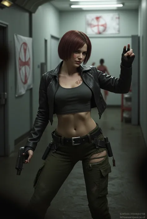 faithful image of the character claire redfield from the game "resident evil 2 remake", dressed in typical daclair redfield clothing, inside an umbrella corporation hall as its symbol on the walls, shooting zombies, she has a bruised face and torn clothes