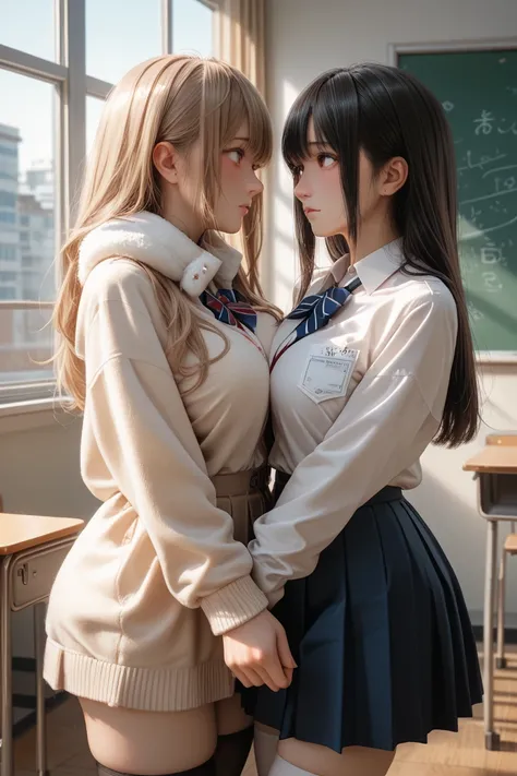 (2 women:1.5)　((The woman on the left is tall and cool)) ((The woman on the right is short and cute))  Very Big Breasts　uniform　((winter clothes 1.2)) close distance between high school girls　 clothes and gets her chest rubbed　 sex　Can you touch it from th...