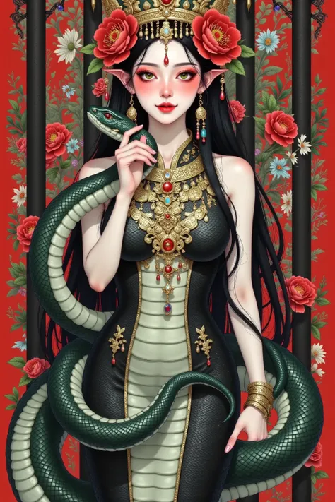 A woman dressed in black holds a black snake, Vector art provided by Yang J,  Artstation Contest Winner , Fantasy Art, Snake girl , the Snake girl  portrait,  beautiful art illustration, Rob Rey and Kentarı Miura Style ,  Alena Anami and Atgham, Beautiful ...