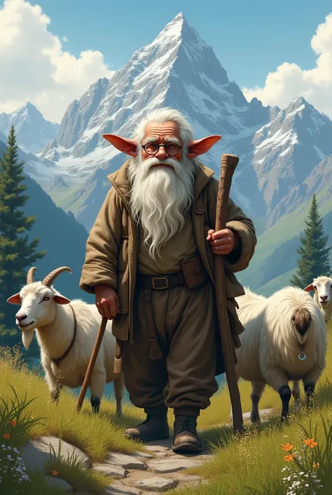 Old man with a long white beard and white hair and glasses, quite big ears, a stick in his hand, trading in the high pastures with goats 
