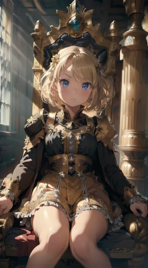 (   best image quality  ,  masterpiece:1.2), (  ultra high definition illustrations ), (  so cute :1.3), (  1 girl:1.2),  alone, (   short blond hair   ), (  dark:1.3), rpgroyalty, Cape,Royal,crown, Frills, spread hands ,throne, gold ornament