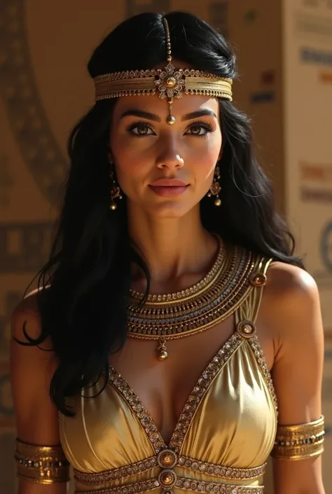  Imagine yourself in Ancient Egypt ,  at the time of Queen Cleopatra VII , Egypt's last pharaoh .  She is a woman of stunning beauty ,  with light skin and dark hair that fall in waves up to her shoulders .  Dressed in luxurious costumes adorned with shiny...