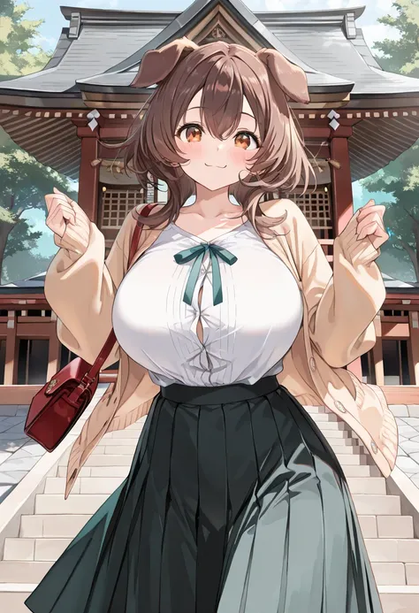 ( best quality , 8k , masterpiece , incredibly absurdres , beautiful woman , perfect body , super detailed skin , highly detailed eyes and face , 1 person ) , Inugami King , original hair color ,  brown hair  ,  dog ear , smile ,  will be happy , (  shirt ...