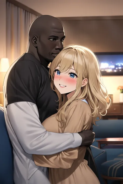 top quality, masterpiece,  high resolution, 8k, 1 girl 1 boy  , The right move, (((bust shot))), Lustful blue droopy eyes , ((( blonde semi-long))), Busty Wife, (((Casual, light-dressed men and women hug each other))), deep kiss, American living room at ni...