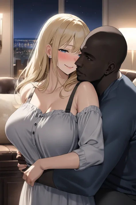 top quality, masterpiece,  high resolution, 8k, 1 girl 1 boy  , The right move, (((bust shot))), Lustful blue droopy eyes , ((( blonde semi-long))), Busty Wife, (((Casual, light-dressed men and women hug each other))), deep kiss, American living room at ni...