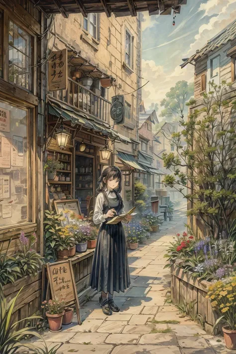 A small house in the city is a coffee shop, old and historic, melancholy, menu sign in front of the shop, plants and flowers, painting style illustrations, and the best image quality.