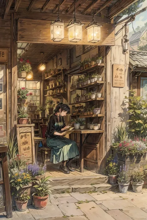 A small house in the city is a coffee shop, old and historic, melancholy, menu sign in front of the shop, plants and flowers, painting style illustrations, and the best image quality.