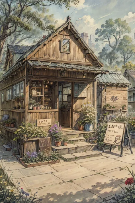 A small house in the city is a coffee shop, old and historic, melancholy, menu sign in front of the shop, plants and flowers, painting style illustrations, and the best image quality.