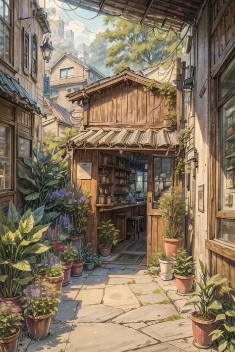 A small house in the city is a coffee shop, old and historic, melancholy, menu sign in front of the shop, plants and flowers, painting style illustrations, and the best image quality.