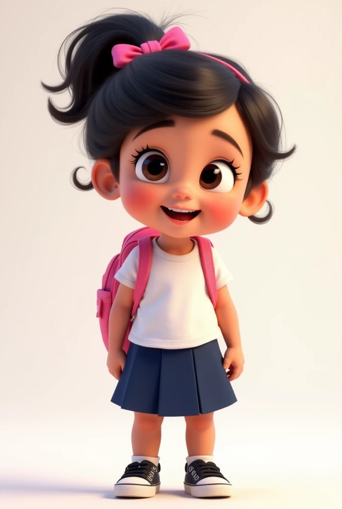 A cheerful  baby,  with happy facial expression ,  wearing a
white t-shirt ,  navy blue skirt and pink backpack . she
Wear black sneakers and a pink bow on your head. She has
Curled and greeted dark hair.  The style should strongly resemble that of anim...