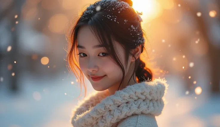  illuminated by the soft snow-colored light of a quiet winter landscape, Vivid bokeh gently enveloping delicate shapes . 1 girl in the best, An enchanting portrait of a beautiful Japanese woman looking down and smiling a little shyly ,  high resolution, 