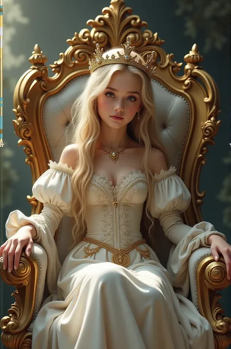 create an image of blonde girl sitting on the throne with the words QUEEN HAYLEE