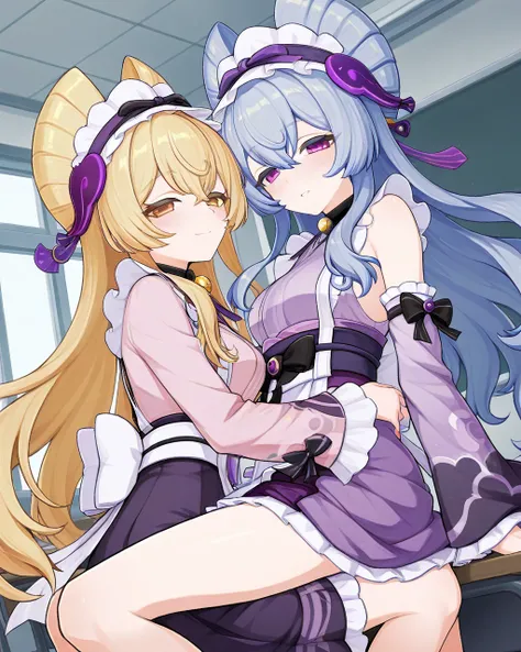 Mizuki,   long hair,  Bangs ,  long sleeves,  blue hair, Purple Eyes maid's headdress, Sitting on Aether's lap blonde hair golden eyes while being penetrated in 4 sex scenes at school