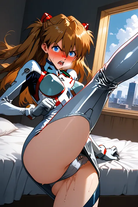 asuka_langley,1 female,solo,looking at the scenery, high kick,very angry,drunk,incontinence,
large breast,
I_,wet brown hair,viewer,blue eyes,long hair,hair between the eyes,beautiful eyes,more detailed hair,

silver lace up boots,thigh-high boots,silver l...