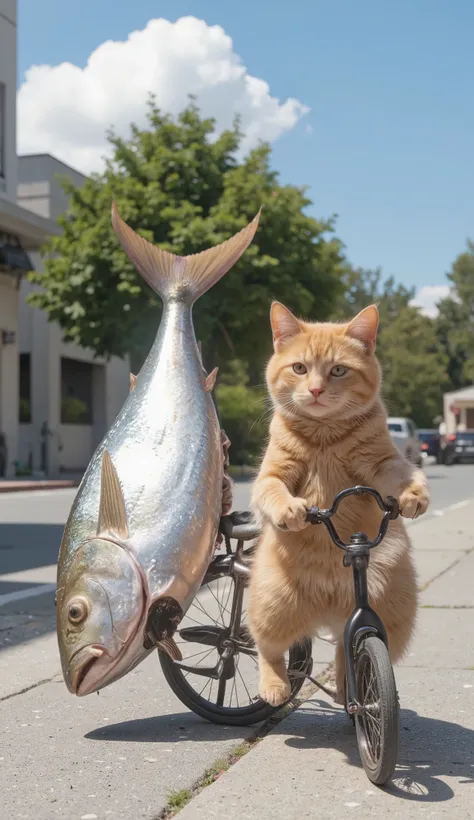 A small orange short-haired cat riding a tiny bicycle, towing a massive tuna fish behind it. The scene is set on a sunny day with clear blue skies, creating a bright and cheerful atmosphere. Ultra-realistic details and lifelike textures.