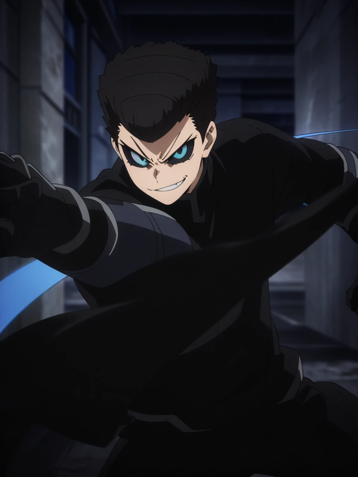 (masterpiece, best quality, anime, anime coloring:1.3, superhigh res). 20-years-old, young, 1man, male. ((Eyes with black sclera and blue iris, hair with a black low pompadour, wearing a black superhero uniform with blue line details, with black gauntlets ...