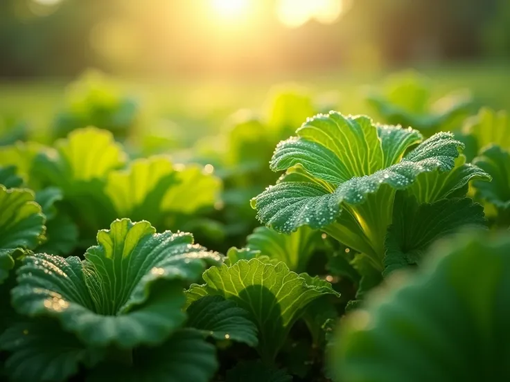 The dew still glistened on the leaves of the vegetables.