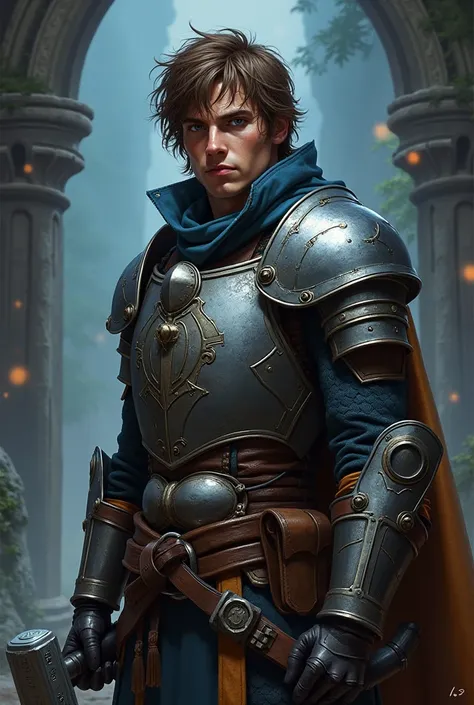 Dungeons and dragons artificer with brown shaggy hair and blue eyes wearing scale mail armor with a light hammer on his hip