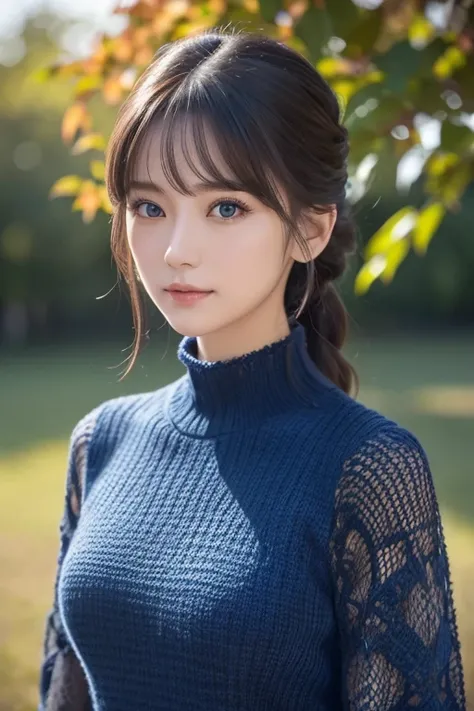 masutepiece, Best Quality, Ultra-detailed, finely detail, hight resolution, 8K picture quality, Perfect dynamic composition, Beautiful detailed eyes, Natural Lip, Dark blue knitted dress ,