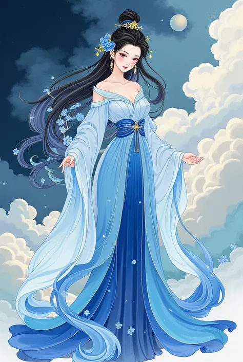  beautiful illustration of the goddess of water 、 full body portrait 、The color scheme is blue and white porcelain 、 fantasy elements from Chinese period dramas、Chinese ink painting style and cloud pattern background、 colorful cartoon character design、 mas...