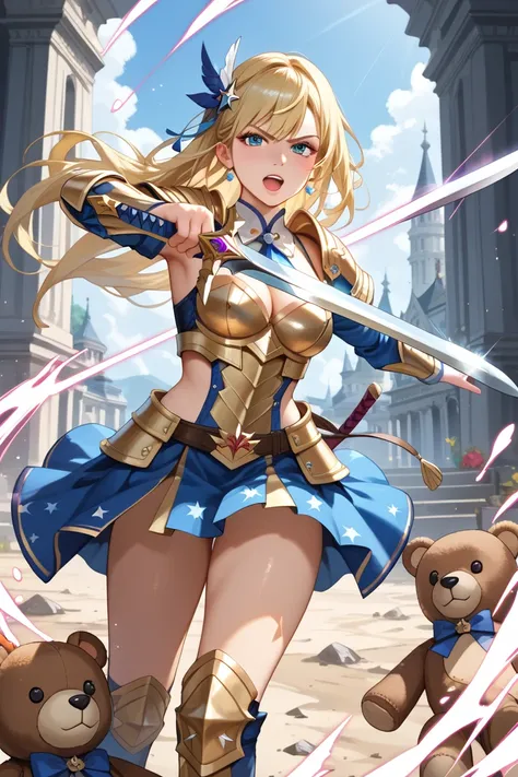 battlefield, is a female swordsman wearing luxurious Western-style golden armor during the battle, blonde, long hair,Fight,Hold up the deadly sword,It&#39;s dynamic,(Teddy bear on the side ), Warm Light,  sparkling effects during battle,  the light is shin...