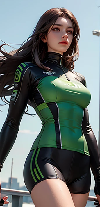 woman, skull helmet, long hair brown, normal, she is solo, from alternative world ,best quality, realistic, cycling dark green black color suit and cycling sports shorts