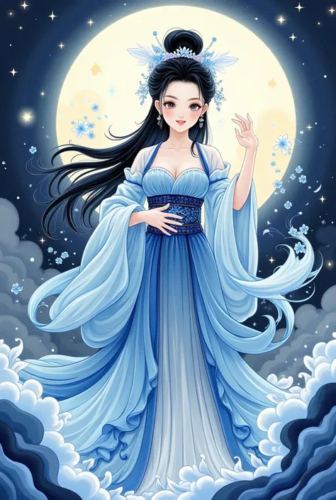  beautiful illustration of the goddess of water 、 full body portrait 、The color scheme is blue and white porcelain 、 fantasy elements from Chinese period dramas、Chinese ink painting style and cloud pattern background、 colorful cartoon character design、 mas...